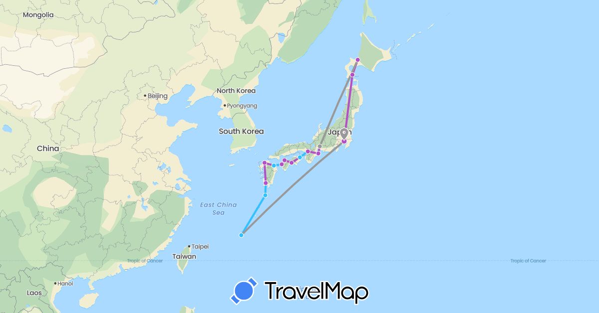 TravelMap itinerary: driving, plane, train, boat in Japan (Asia)